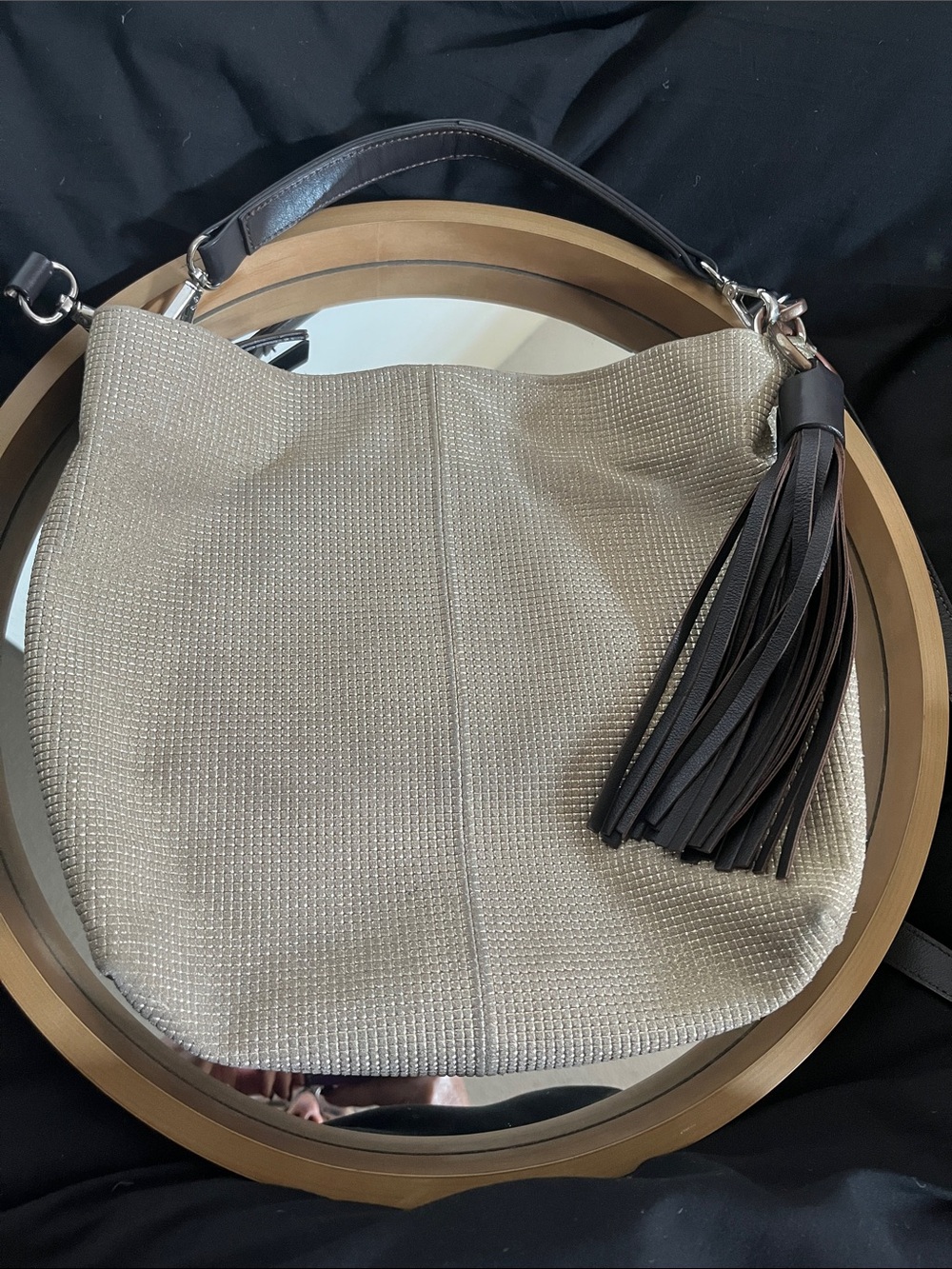Fairmount Neutral Metallic Hobo Bag with Tassel Shoulder Strap